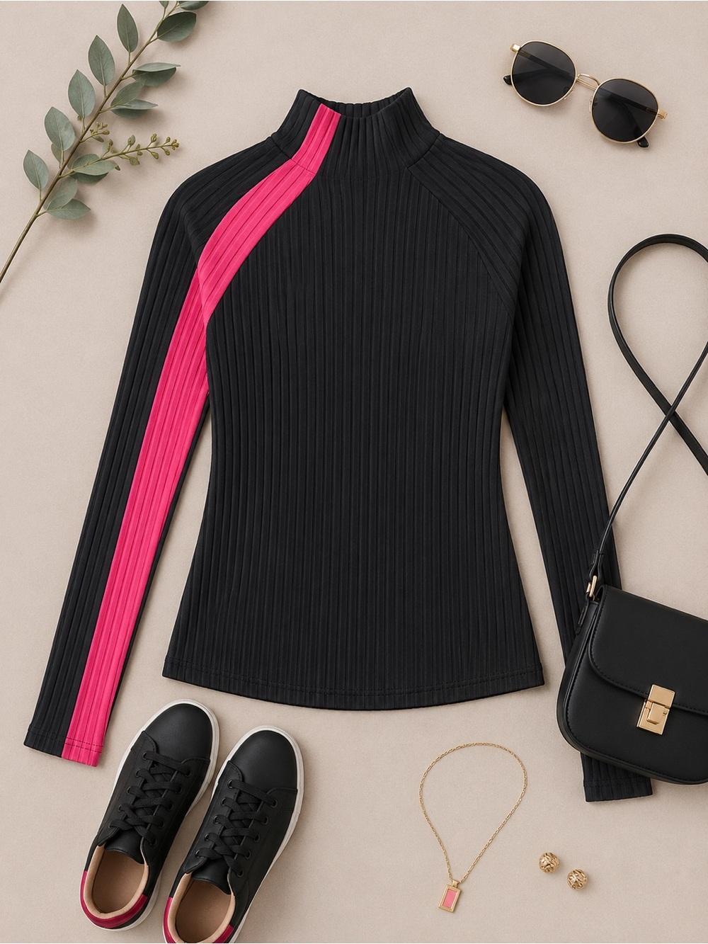 SHEIN Black & Hot Pink Ribbed Mock Neck Top Size Large
